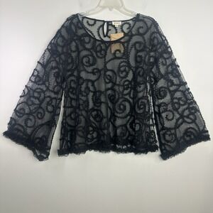 POL Sheer Mesh Blouse Womens Med‎ Embroidered Black Fairy Vamp Whimsigoth New